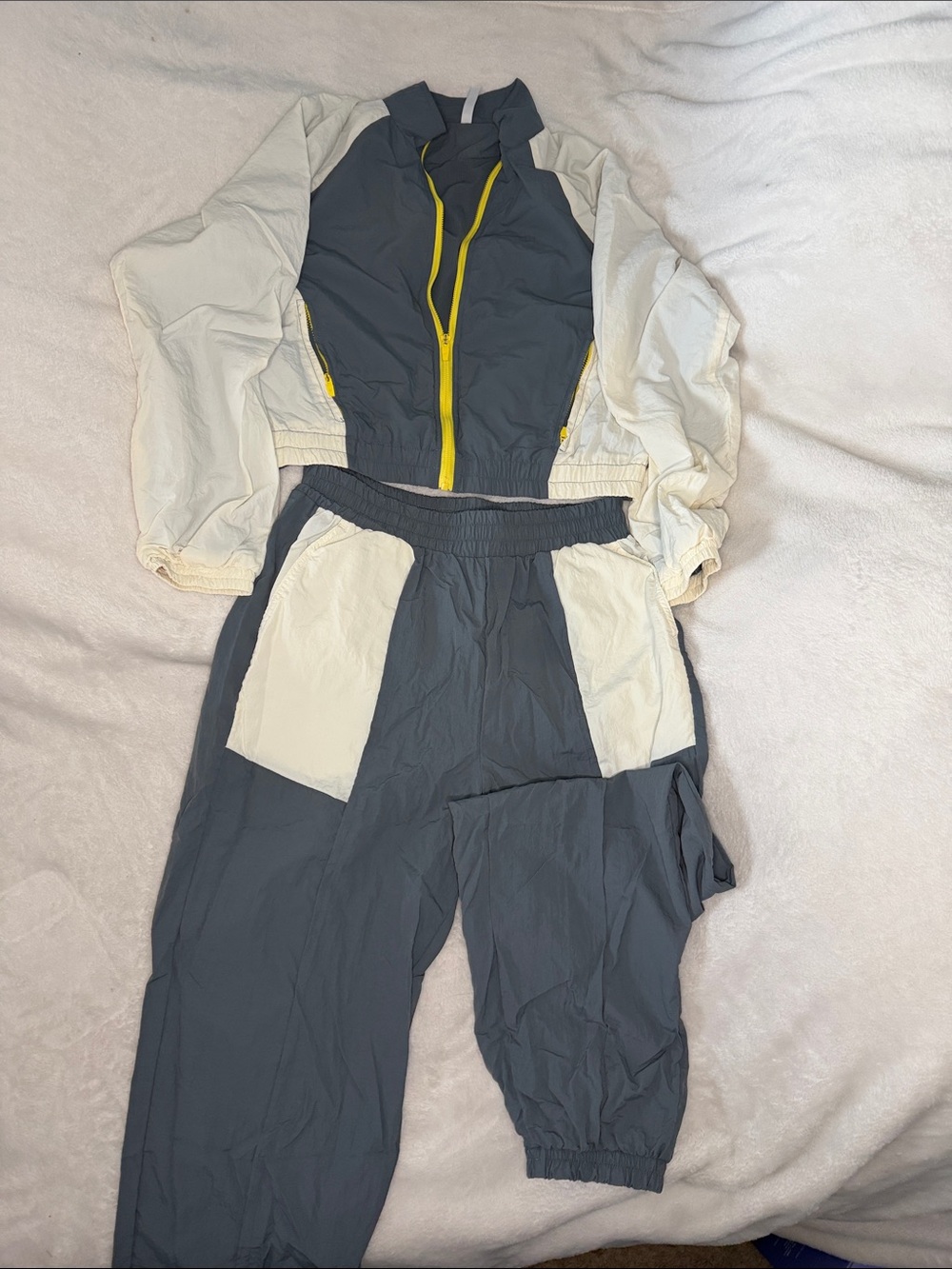 Fabletics Two-Tone Track Jacket & Joggers - Charcoal, Cream & Yellow Trim